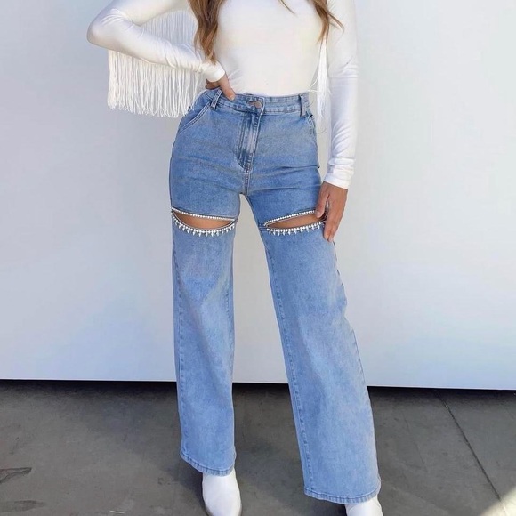 Lane 201 Denim - Lane 201 Light Wash Wide-Leg Rhinestone Thigh Slits Jeans